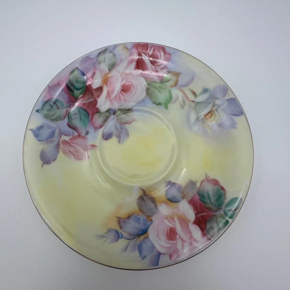 Lefton China Hand Painted Rose Teacup and Saucer Set CY222 Pink Yellow Gold Trim